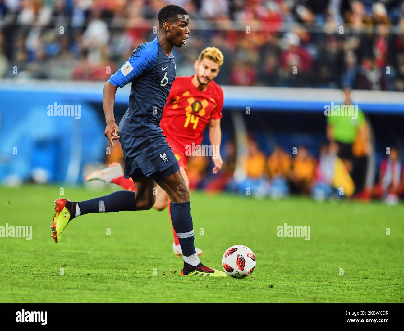 Paul Pogga durante la partita di Coppa del mondo FIFA Francia contro Belgio allo Stadio di San Pietroburgo, San Pietroburgo, Russia, il 10 luglio 2018. (Foto di Ulrik Pedersen/NurPhoto) Foto Stock