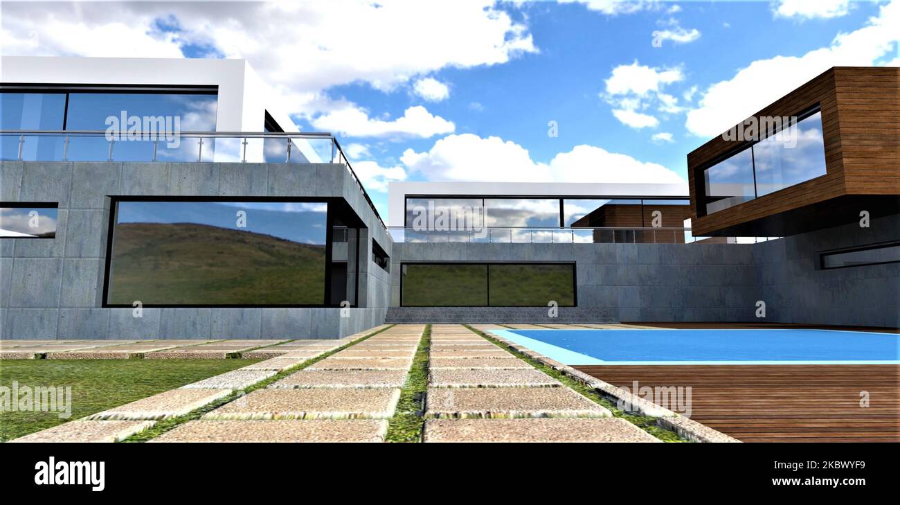 Casa di campagna di nuova costruzione. La combinazione di finiture in cemento e legno. Piscina nel cortile. Pavimentazione di pietra da lastre massicce. rendering 3d. Foto Stock Casa di campagna di nuova costruzione. La combinazione di finiture in cemento e legno. Piscina nel cortile. Pavimentazione di pietra da lastre massicce. rendering 3d. Foto Stock