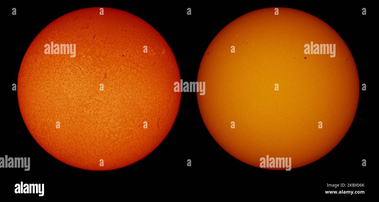 Londra, Regno Unito. 4 novembre 2022. Due viste del sole oggi. Sinistra: La superficie solare attiva nella cromosfera contrasta con la vista della fotosfera e dei punti solari (destra). Entrambe le immagini sono identiche. Credit: Malcolm Park/Alamy Live News Foto Stock