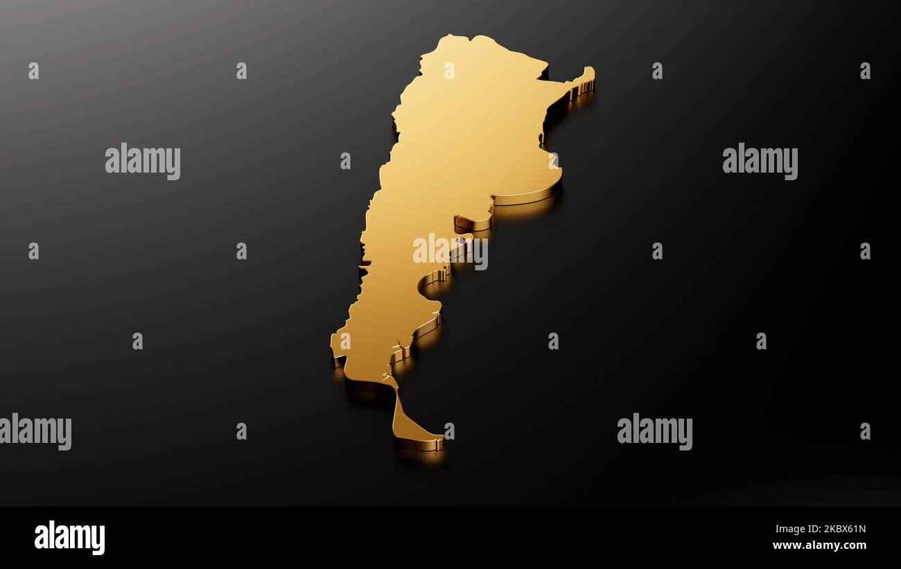 Un'illustrazione della mappa esclusiva argentina d'oro isolata su uno sfondo nero Foto Stock