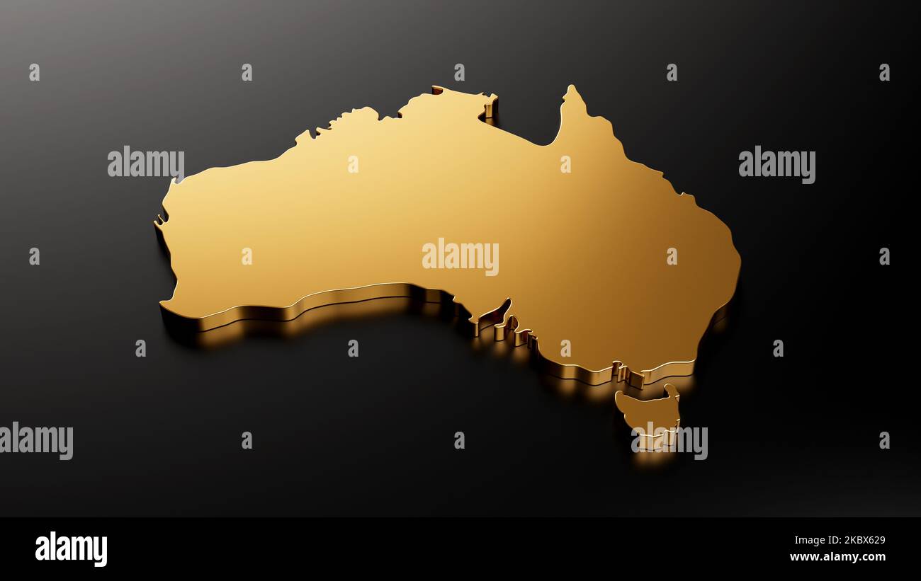 Un'illustrazione della mappa esclusiva dell'oro dell'Australia isolata su uno sfondo nero Foto Stock