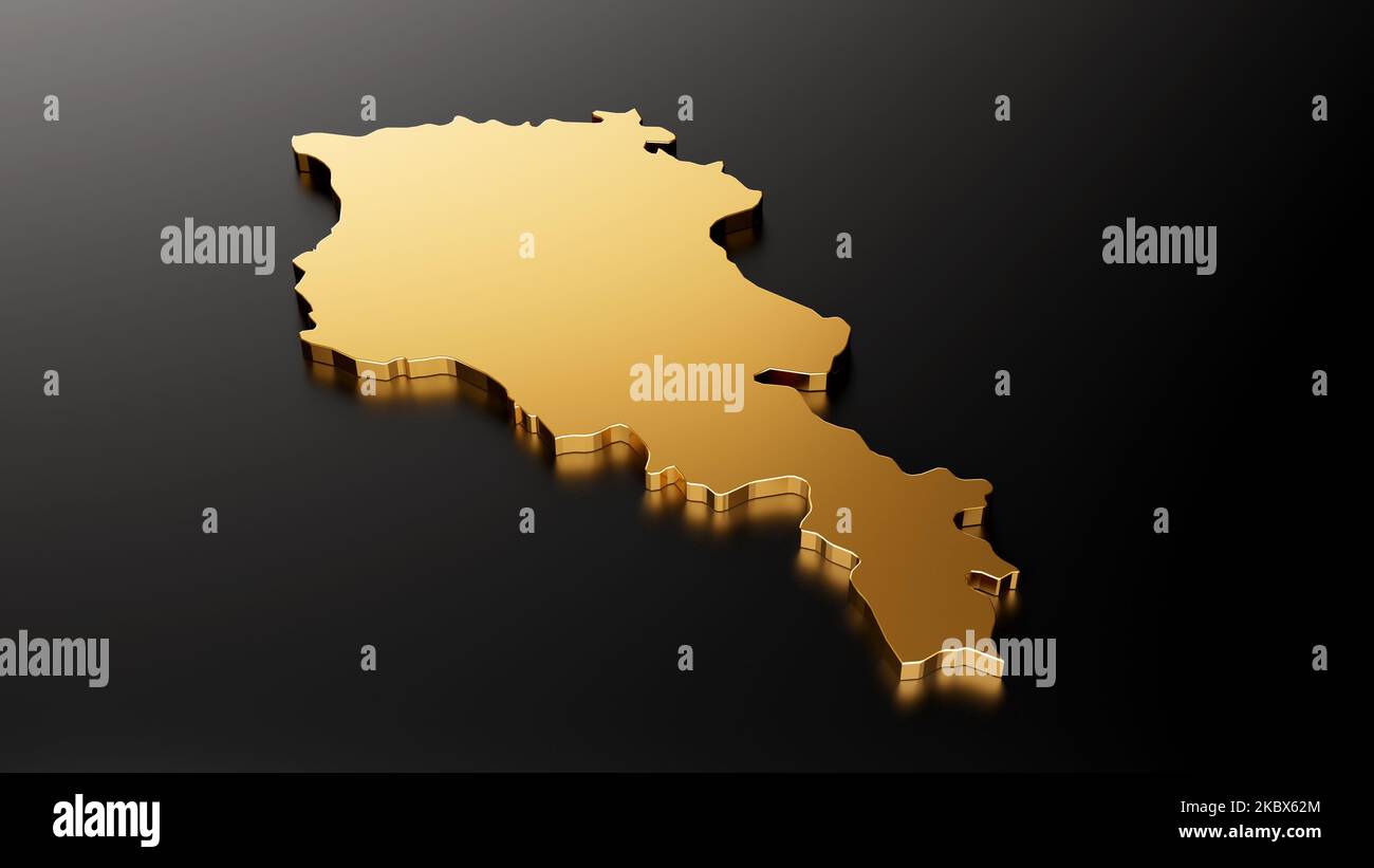 Un'illustrazione della mappa esclusiva dell'oro dell'Armenia isolata su uno sfondo nero Foto Stock