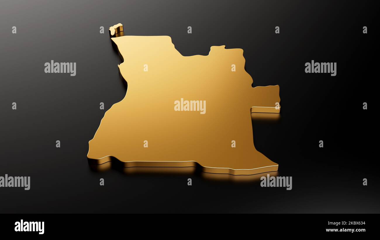 Un'illustrazione della mappa esclusiva dell'oro dell'Angola isolata su sfondo nero Foto Stock