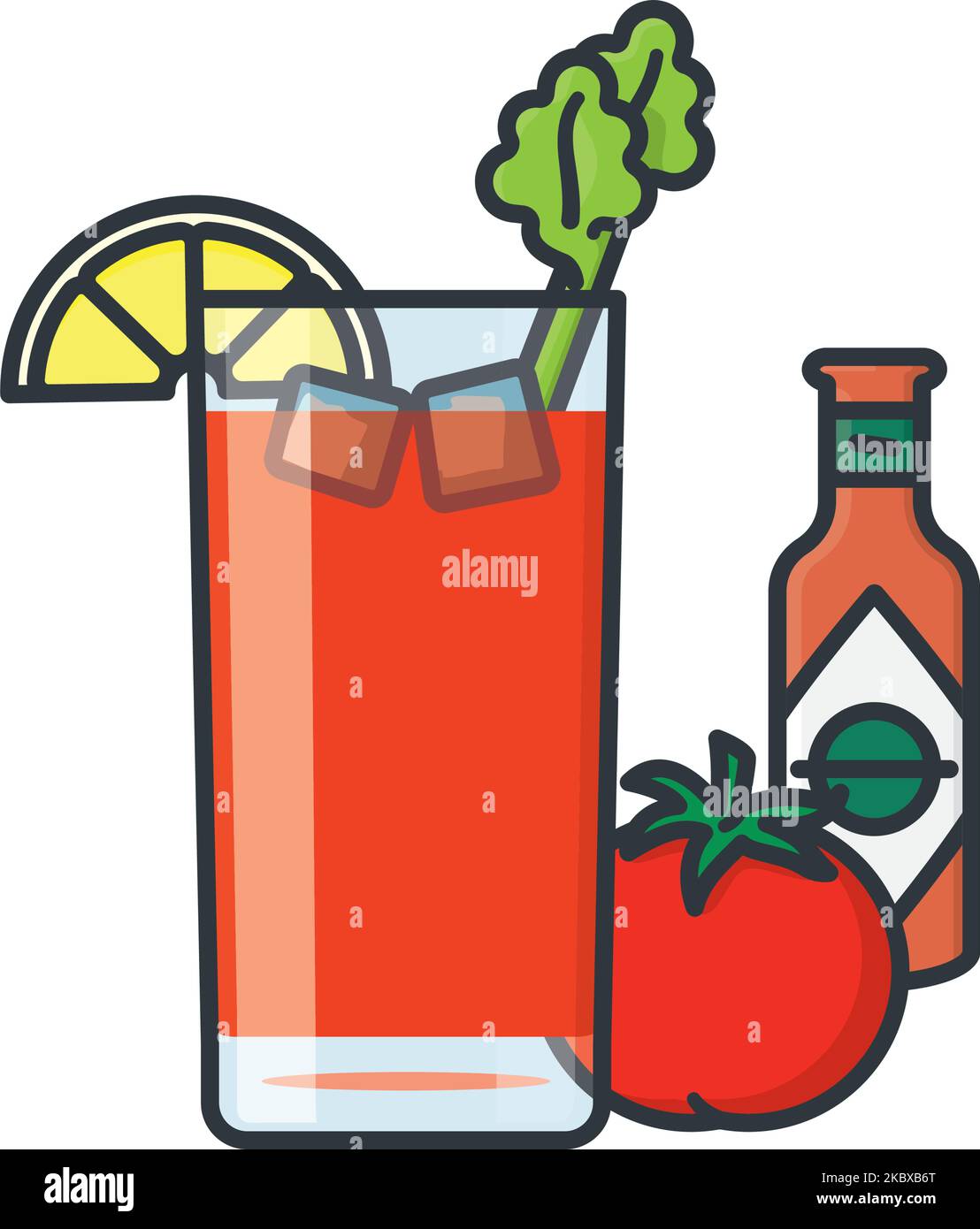 Cocktail Bloody Mary con pezzo di limone e gambo di sedano, pomodoro e bottiglia di salsa calda per Bloody Mary Day il 1 gennaio illustrazione vettore isolato Illustrazione Vettoriale