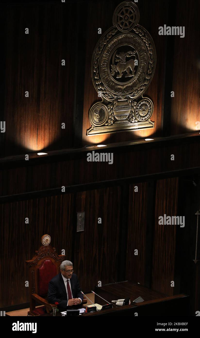 il presidente dello Sri Lanka Gotabaya Rajapaksa alla sessione inaugurale del nuovo parlamento, ha pronunciato il suo discorso politico a Colombo, Sri Lanka. 20 agosto 2020. (Foto di Tharaka Basnayaka/NurPhoto) Foto Stock