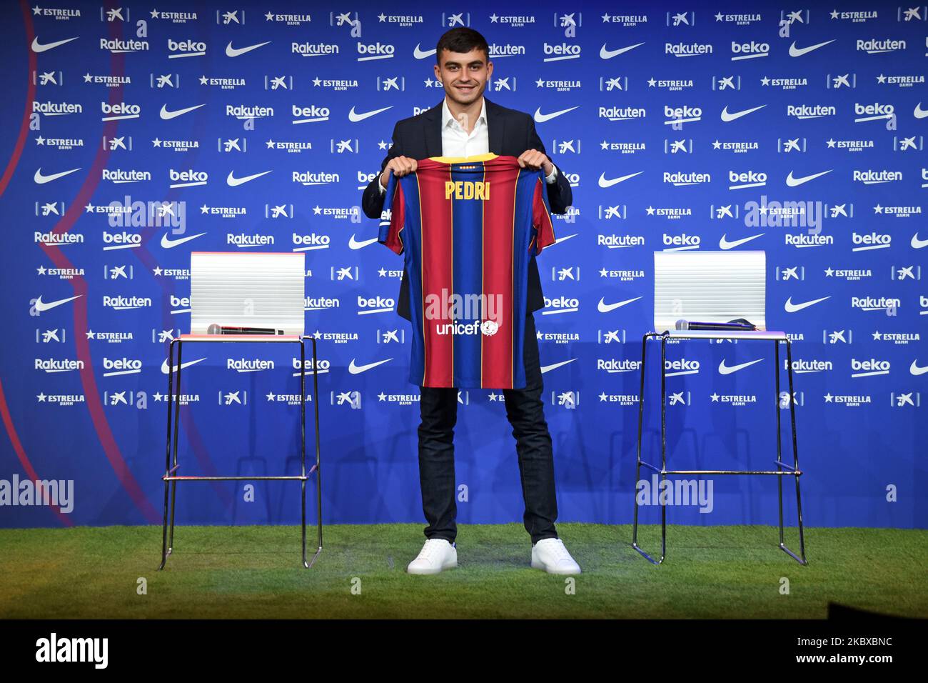 Il nuovo giocatore del FC Barcelona Pedro Gonzalez Lopez 'Pedri' durante la conferenza stampa durante la sua presentazione a Camp Nou il 20 agosto 2020 a Barcellona, Spagna. (Foto di Noelia Deniz/Urbanandsport /NurPhoto) Foto Stock