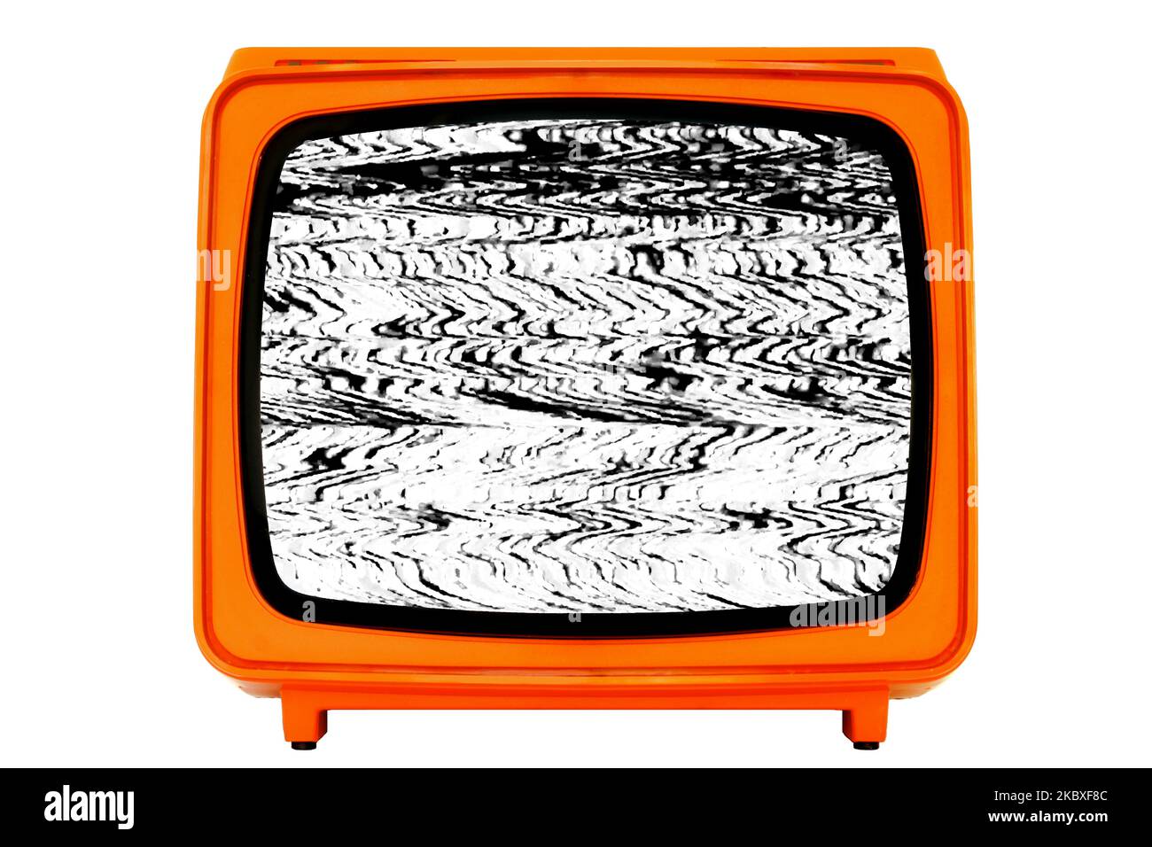 TV color arancione retro Old Space Age con schermo a effetto glitch con rumore statico Foto Stock