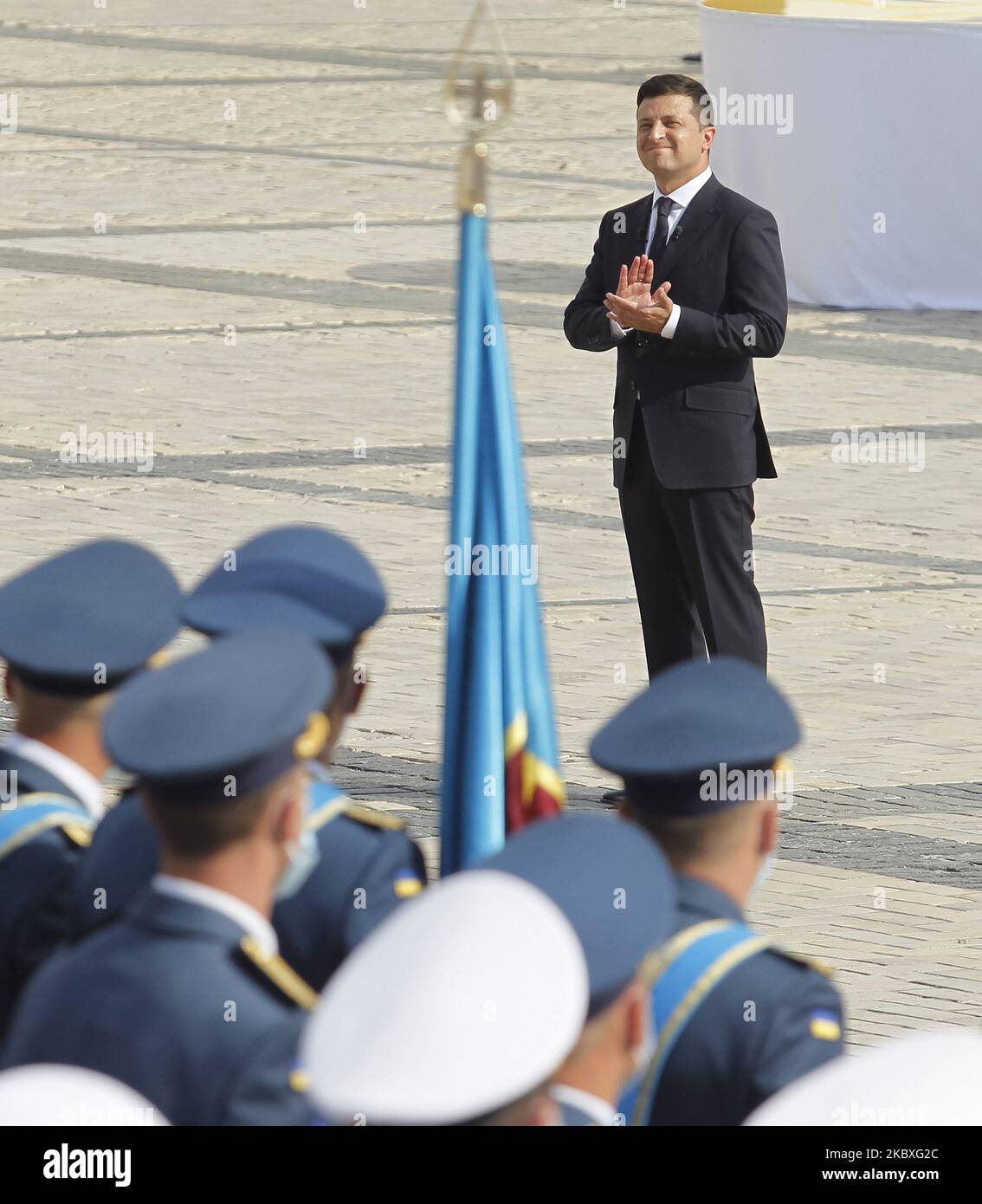 Il presidente ucraino Volodymyr Zelensky partecipa alla cerimonia del 29th° anniversario della celebrazione della Giornata dell'Indipendenza dell'Ucraina in piazza Sophia a Kiev, Ucraina. Gli ucraini celebrano la Giornata dell'Indipendenza dell'Ucraina il 24 agosto in commemorazione della Dichiarazione di Indipendenza del 1991. (Foto di Str/NurPhoto) Foto Stock