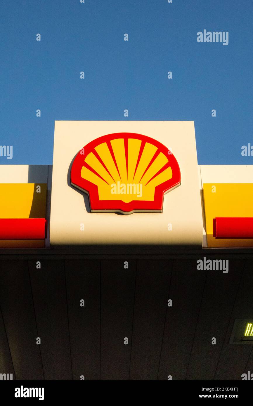 Il logo Shell sul marchio sul piazzale di una stazione di servizio in Inghilterra, Regno Unito Foto Stock