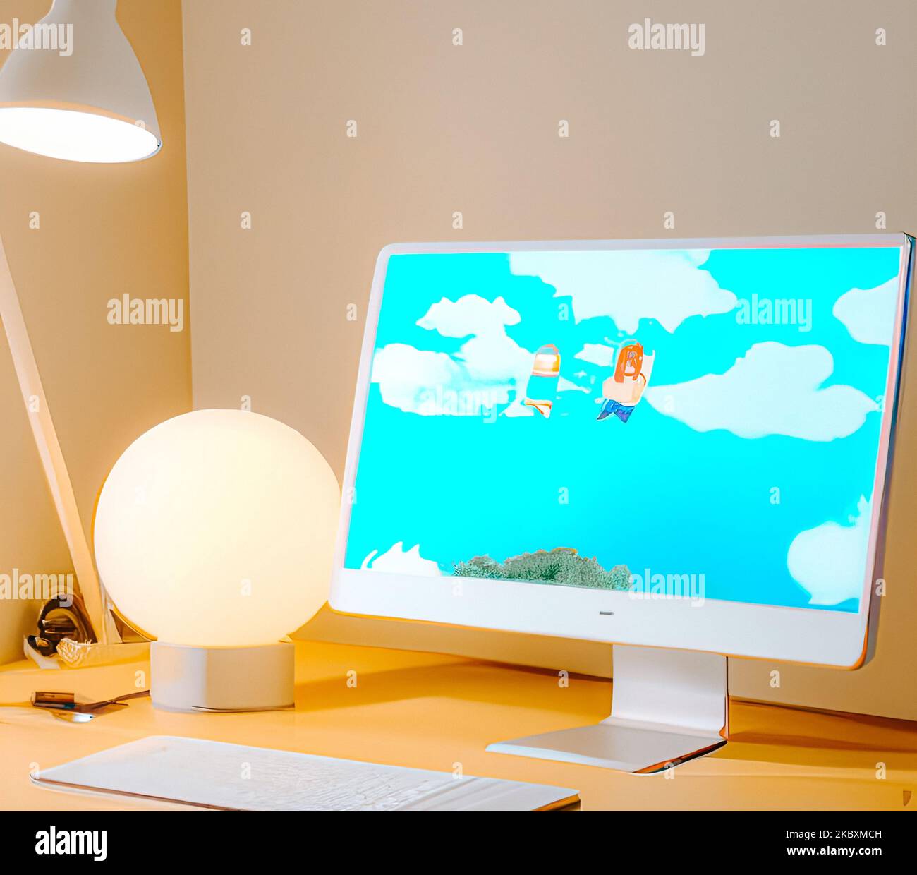 Un'illustrazione in 3D di una workstation PC monoblocco su una scrivania con tastiera, mouse e lanterna Foto Stock