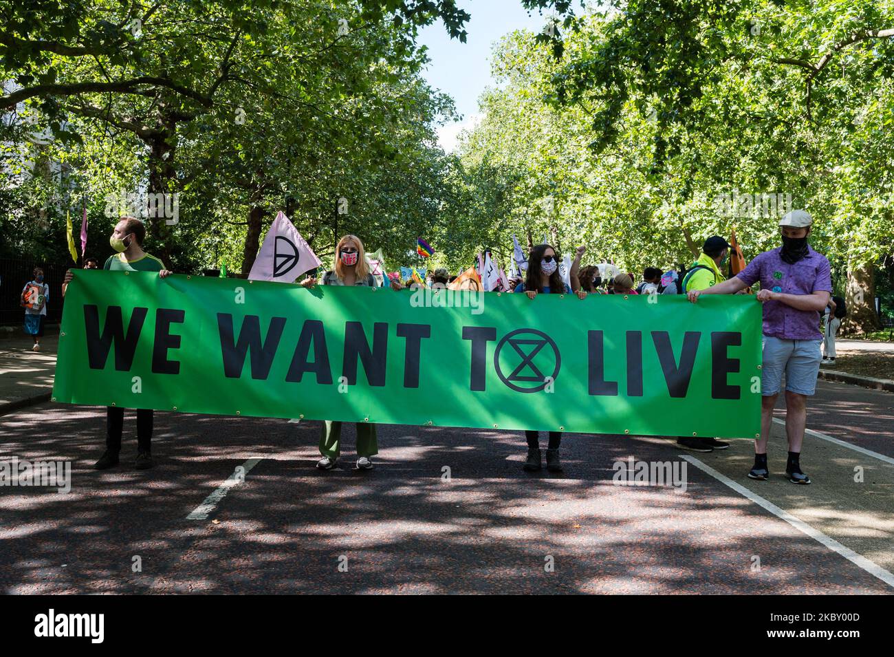 Attivisti ambientali dalla rivolta di estinzione marciano a Piazza del Parlamento il primo giorno di azione di protesta a sostegno del progetto di legge sul clima e l'emergenza ecologica, mentre i parlamentari tornano ai Comuni dopo la pausa estiva del 01 settembre 2020 a Londra, Inghilterra. Extinction Rebellion ha in programma di bloccare le strade di Londra, Manchester e Cardiff per 10 giorni, mentre invitano i parlamentari a sostenere un provvedimento innitativo per le emergenze climatiche, che accelererebbe i progressi del Regno Unito nella riduzione delle emissioni di carbonio, e organizzerebbe un’assemblea nazionale sulla crisi. (Foto di Wiktor Szymanowicz/NurPhoto) Foto Stock