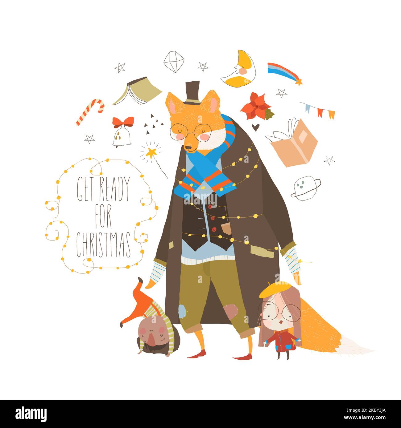 Cartolina di Natale con volpe divertente che indossa un cappotto e che si diverti con i bambini Illustrazione Vettoriale