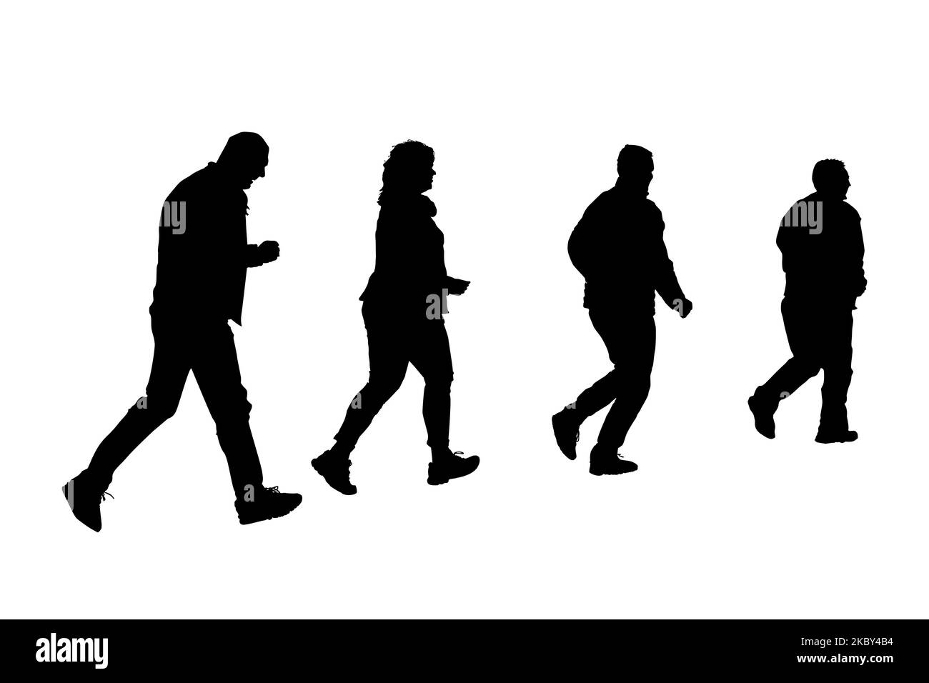 Le silhouette delle persone. Gruppo di persone a piedi. Mans e le donne ombre nere. Persone che si spostano. Vista laterale. Concetto pedonale, ricreativo e di attività. Vettore Illustrazione Vettoriale