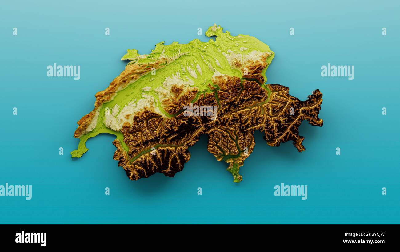 Rappresentazione 3D di una mappa dell'altezza della Svizzera con rilievo ombreggiato Foto Stock