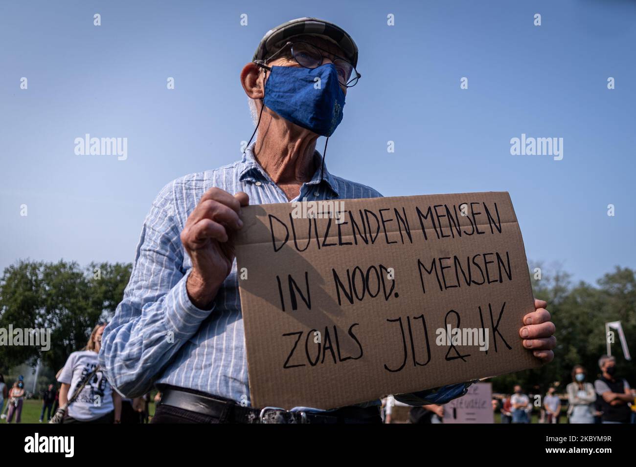 Manifestanti nel parc Transwijk di Utrecht, Paesi Bassi, il 11 settembre 2020 chiedendo l'evacuazione dei rifugiati a Moria, Grecia. (Foto di Oscar Brak/NurPhoto) Foto Stock