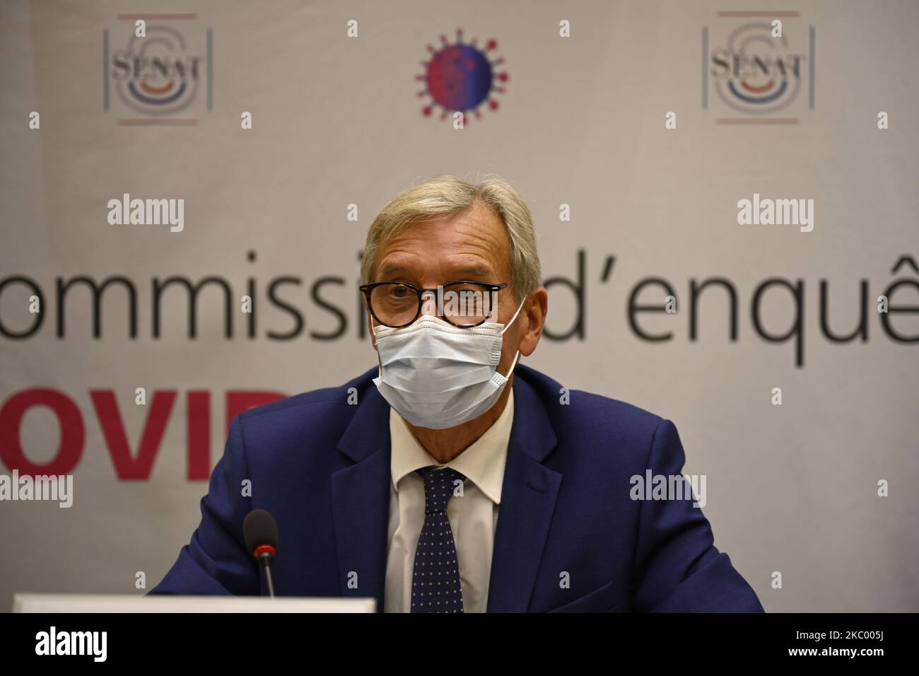 Il senatore francese René-Paul Savary partecipa ad un'audizione della commissione d'inchiesta del Senat Covid-19 sulla gestione della crisi e il trattamento del coronavirus il 15 settembre 2020 a Parigi, Francia. (Foto di Daniel Pier/NurPhoto) Foto Stock