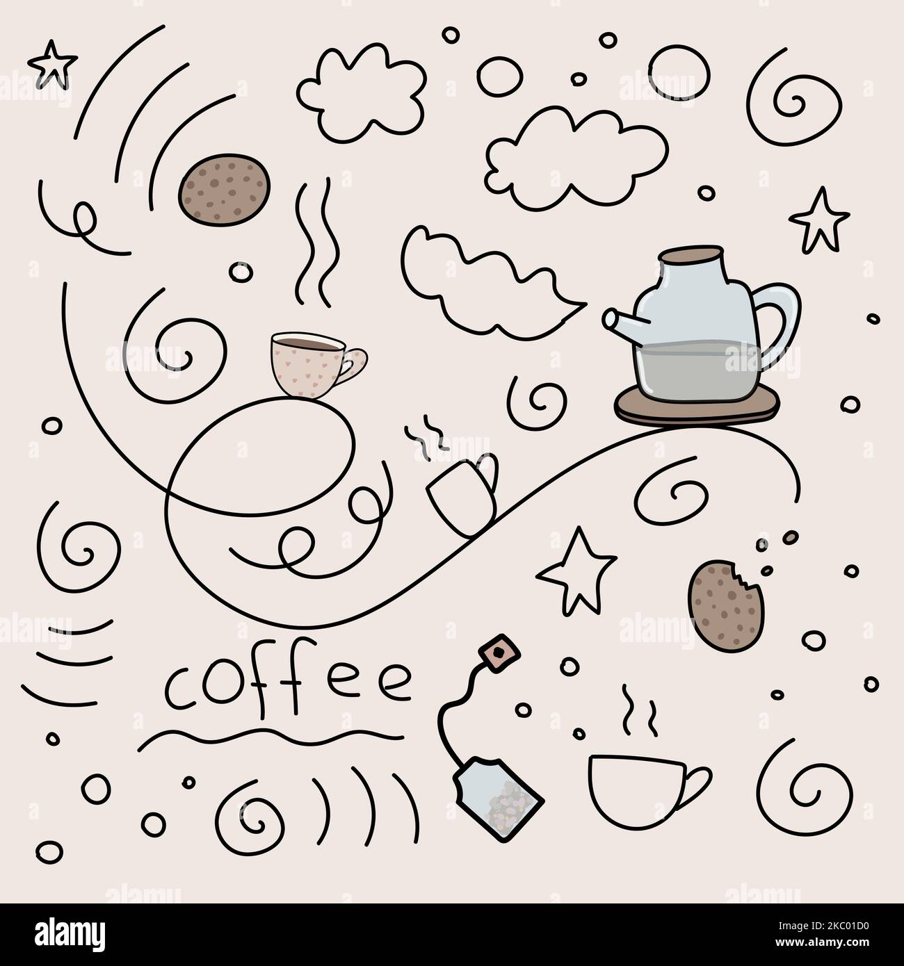 delizioso doodle per la borsa infusore di tè e caffè Illustrazione Vettoriale