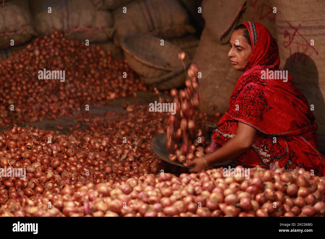 Una donna che ordina cipolle in un mercato all'ingrosso a Dhaka, Bangladesh il 19 settembre 2020. (Foto di Rehman Asad/NurPhoto) Foto Stock