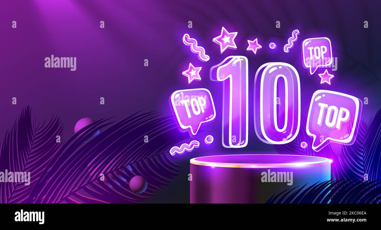 Top 10 neon podio, premio migliore banner. Illustrazione vettoriale Illustrazione Vettoriale