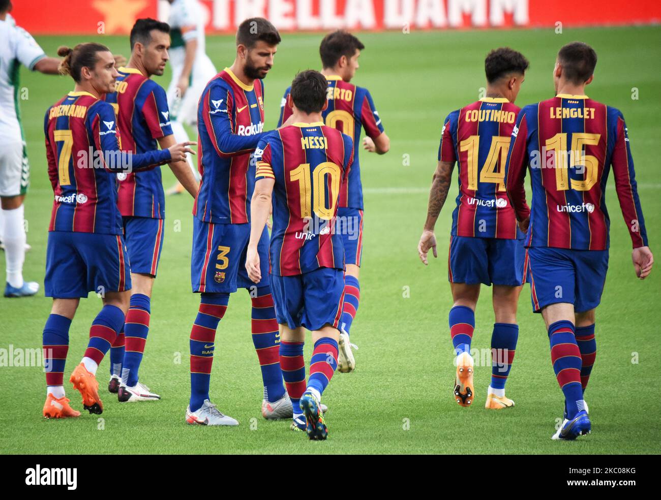 Antoine Griezmann Gol Celebration durante la partita del Trofeo Joan Gamper tra il FC Barcelona e l'Elche CF, disputata allo stadio Camp Nou, il 19th settembre 2020, a Barcellona, Spagna.( Foto di Noelia Deniz/Urbanandsport/NurPhoto) Foto Stock