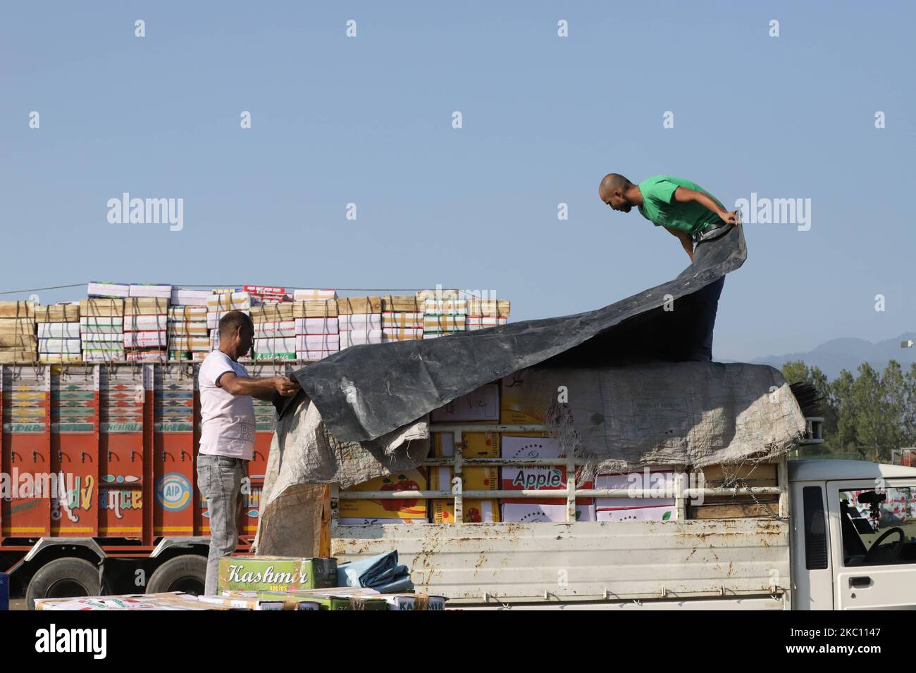 I lavoratori di Kashmiri trasportano scatole di prodotti da caricare su camion in un mercato all'ingrosso della frutta a Sopore, distretto di baramulla, Jammu e Kashmir, India, circa 54kms km a nord di Srinagar, il 02 ottobre 2020. Recentemente, i coltivatori e gli acquirenti di mele presso Fruit Mandi nella zona di Sopore, nel distretto nord del Kashmir Baramulla, hanno organizzato una protesta contro il governo per â€œfailingâ€ per rimediare alle loro questioni. (Foto di Nasir Kachroo/NurPhoto) Foto Stock