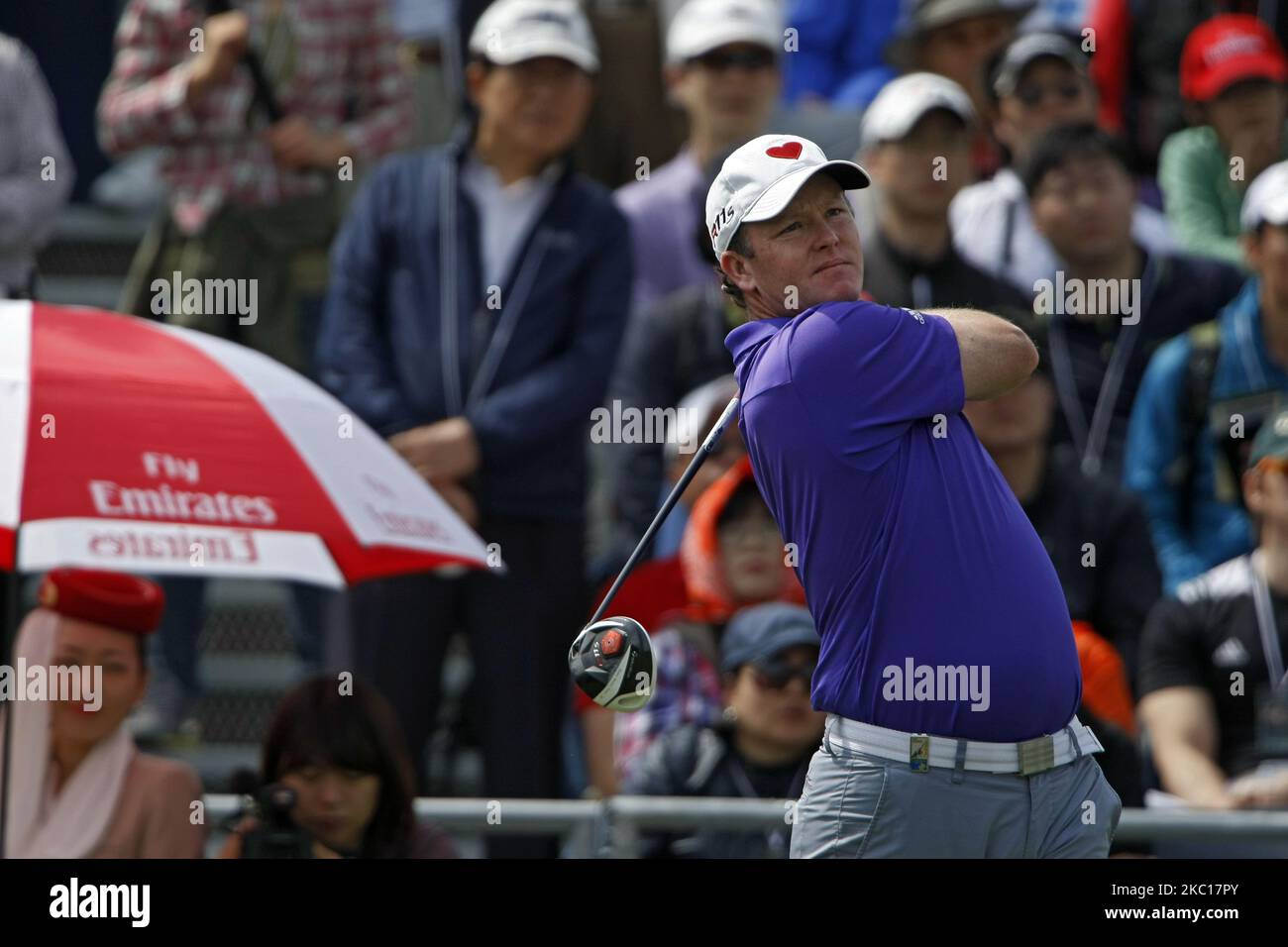 Marcus Fraser in azione durante il terzo round del Ballantine's Championship al Blackstone Golf Club di Icheon, Corea del Sud, il 28 aprile 2012. (Foto di Seung-il Ryu/NurPhoto) Foto Stock