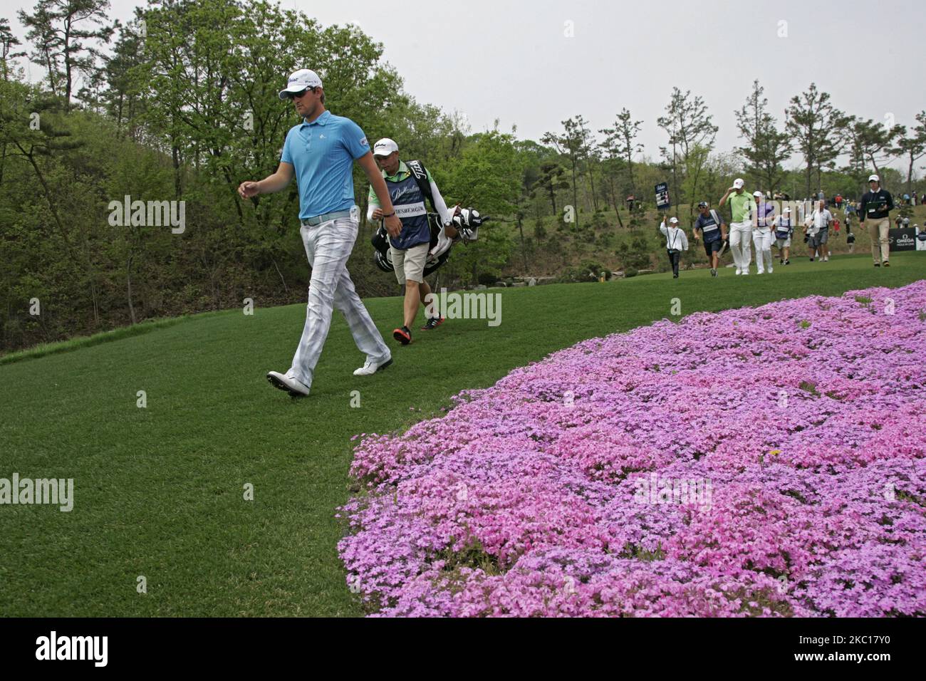 Bernd Wiesberger d'Austria in verde durante il quarto round del Ballantine's Championship al Blackstone Golf Club di Icheon, Corea del Sud, il 29 aprile 2012. (Foto di Seung-il Ryu/NurPhoto) Foto Stock