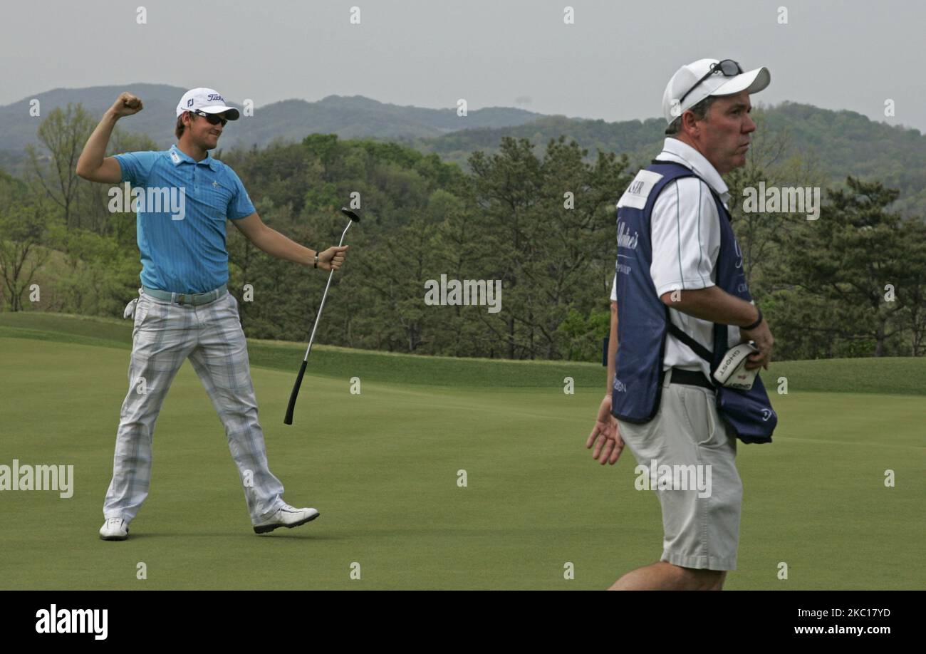 Bernd Wiesberger dell'Austria durante il quarto round del Ballantine's Championship al Blackstone Golf Club di Icheon, Corea del Sud, il 29 aprile 2012. (Foto di Seung-il Ryu/NurPhoto) Foto Stock