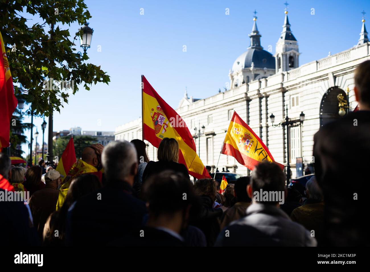 Manifestanti che protestano contro il governo di fronte al Palazzo reale durante l'atto istituzionale per la giornata nazionale della Spagna a Madrid, Spagna, 12 ottobre 2020. (Foto di Jon Imanol Reino/NurPhoto) Foto Stock