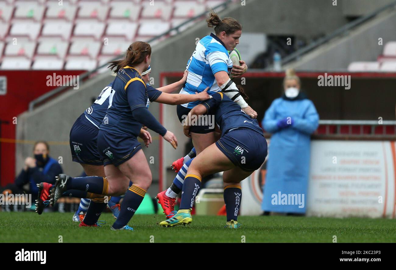 L'Amy Orrow of Darlington Mowden Park Sharks viene affrontata durante la partita FEMMINILE ALLIANZ PREMIER 15S tra Darlington Mowden Park Sharks e Worcester Warriors alla Northern Echo Arena di Darlington sabato 17th ottobre 2020. (Foto di Chris Booth/MI News/NurPhoto) Foto Stock