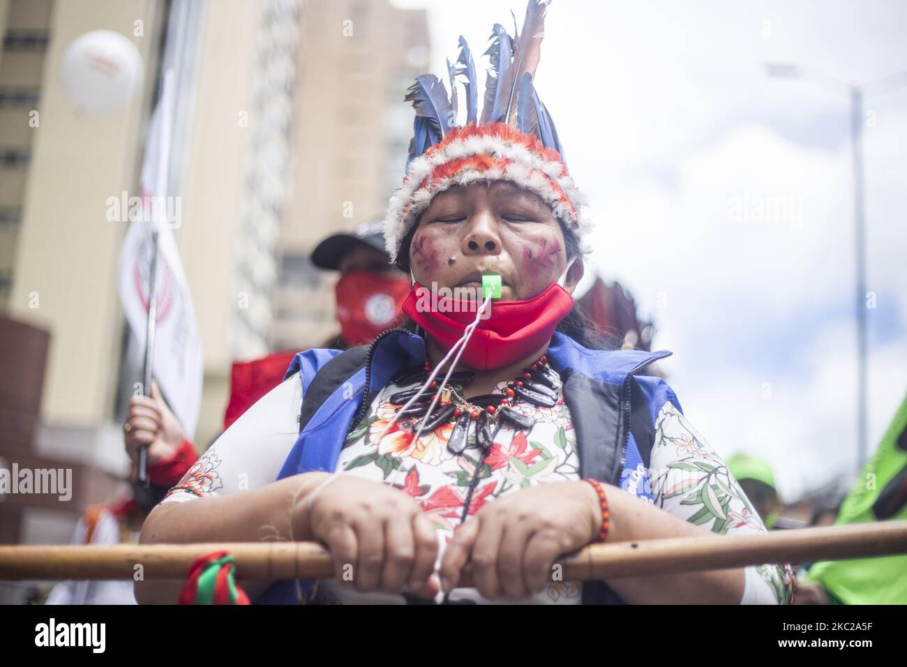Una donna indigena che protestava contro il governo nazionale e respingeva i massacri e l'assassinio dei leader sociali a Bogotà, Colombia, il 21 ottobre 2020. (Foto di Daniel Garzon Herazo/NurPhoto) Foto Stock