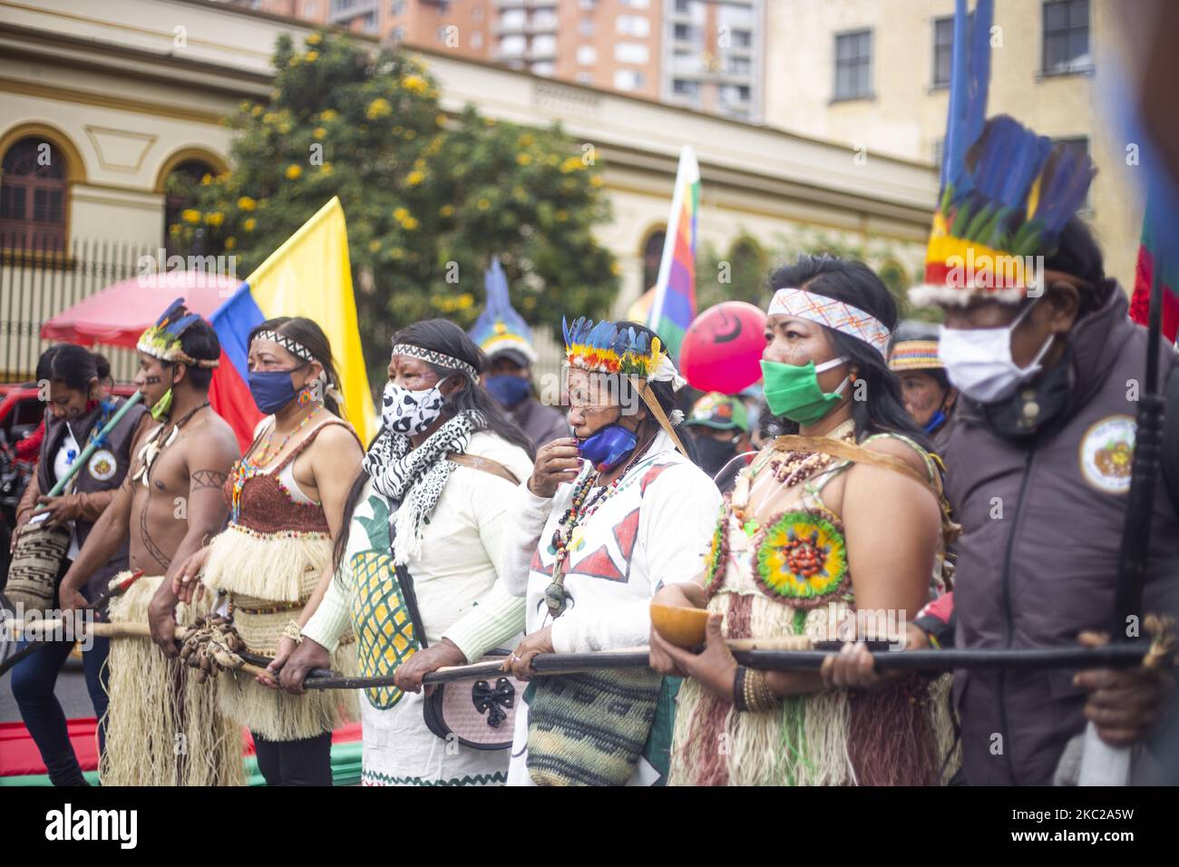 Diverse donne indigene nella protesta contro il governo nazionale e nel rifiuto dei massacri e dell'assassinio di leader sociali a Bogotà, Colombia, il 21 ottobre 2020. (Foto di Daniel Garzon Herazo/NurPhoto) Foto Stock