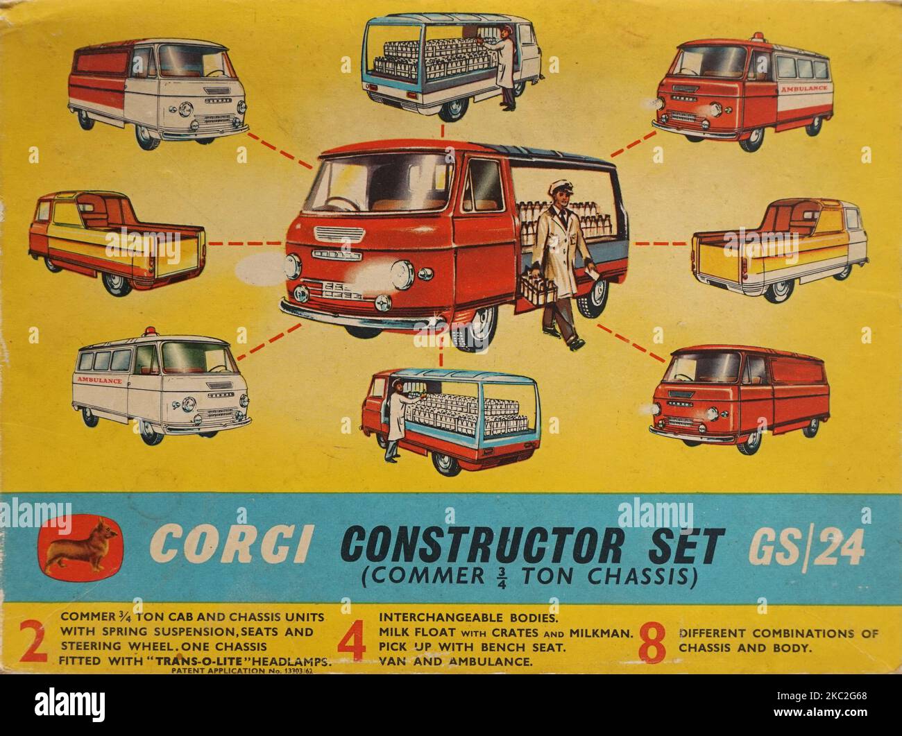 Set costruttore Corgi Toys Commer Van GS24. Questo set regalo è stato fornito con due modelli base di telaio furgone e cabina, a cui è possibile collegare una delle sei diverse carrozzerie - Ambulance, Milk Float, builders furgone, ecc. rilasciato nel 1965. Foto Stock
