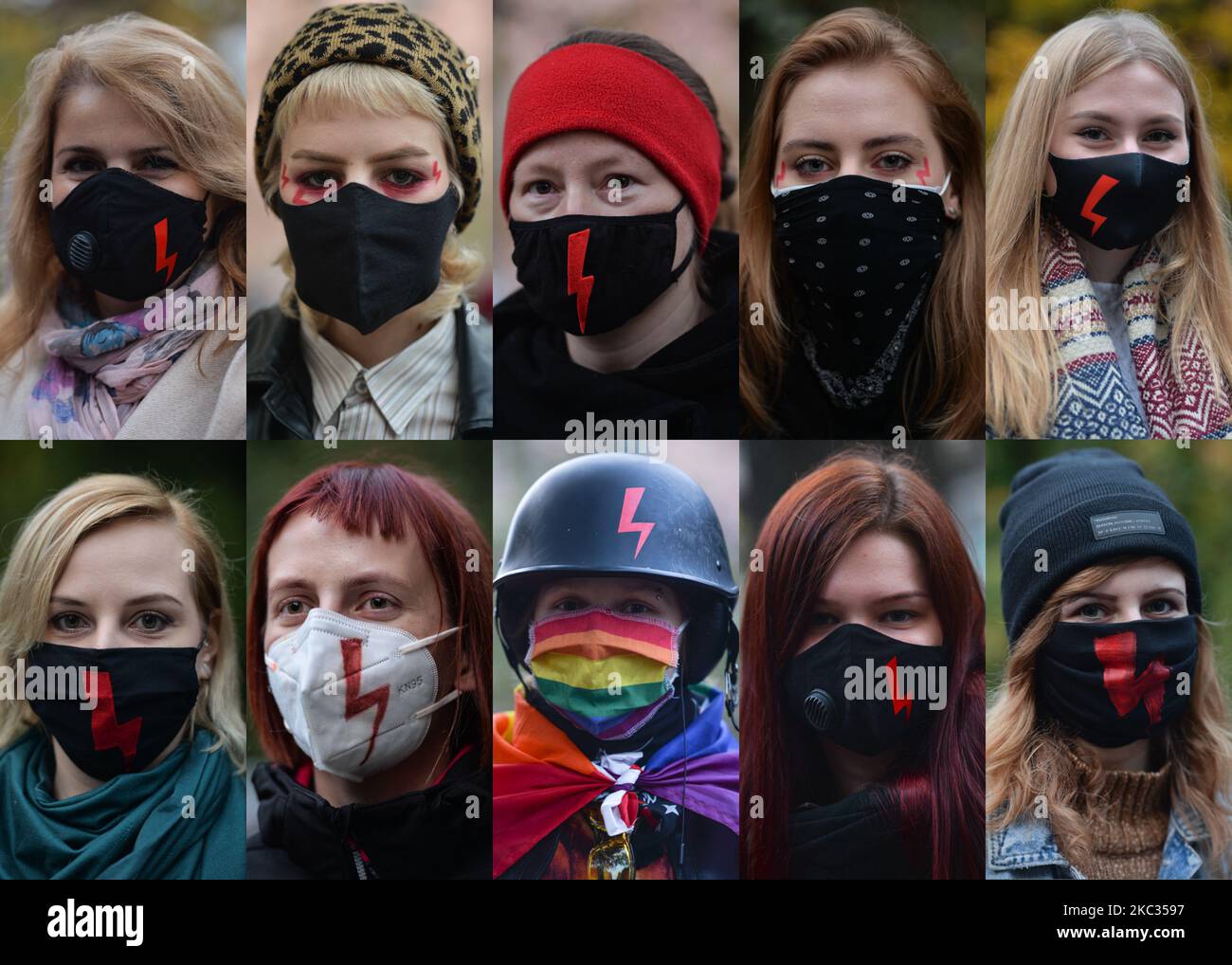 Collage fotografico che mostra i ritratti degli attivisti Pro-Choice che indossano maschere facciali con un fulmine rosso, il simbolo principale delle proteste. Gli studenti universitari di Cracovia e gli attivisti per i diritti delle donne e i loro sostenitori hanno organizzato un'altra protesta anti-governativa stasera a Cracovia, opponendosi alla restrizione pandemica per esprimere la loro rabbia per la sentenza della Corte Suprema che ha inasprito le già severe leggi sull'aborto. Domenica 1 novembre 2020 a Cracovia, Polonia. (Foto di Artur Widak/NurPhoto) Foto Stock