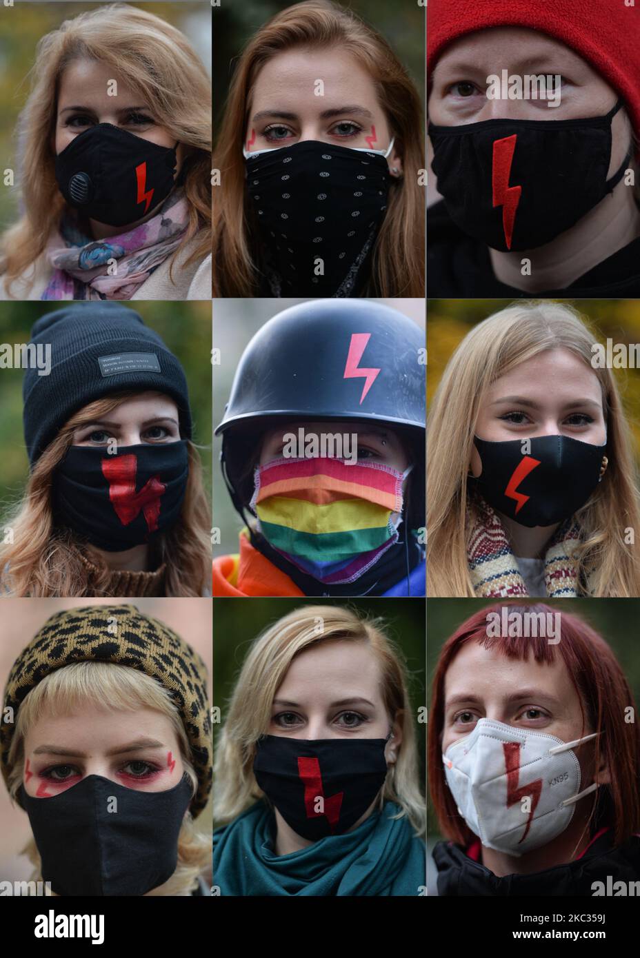Collage fotografico che mostra i ritratti degli attivisti Pro-Choice che indossano maschere facciali con un fulmine rosso, il simbolo principale delle proteste. Gli studenti universitari di Cracovia e gli attivisti per i diritti delle donne e i loro sostenitori hanno organizzato un'altra protesta anti-governativa stasera a Cracovia, opponendosi alla restrizione pandemica per esprimere la loro rabbia per la sentenza della Corte Suprema che ha inasprito le già severe leggi sull'aborto. Domenica 1 novembre 2020 a Cracovia, Polonia. (Foto di Artur Widak/NurPhoto) Foto Stock