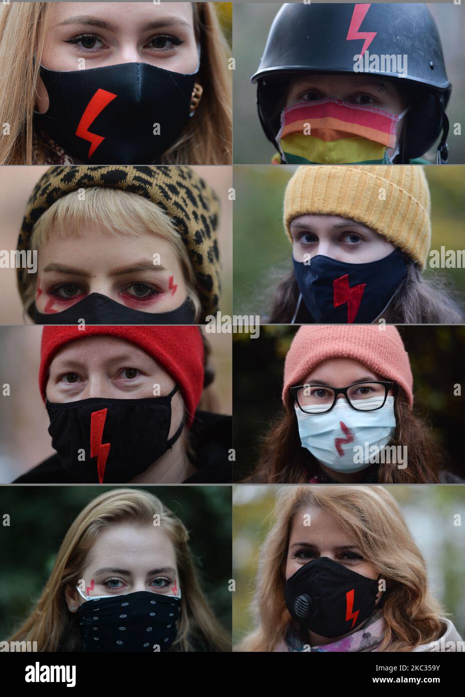 Collage fotografico che mostra i ritratti degli attivisti Pro-Choice che indossano maschere facciali con un fulmine rosso, il simbolo principale delle proteste. Gli studenti universitari di Cracovia e gli attivisti per i diritti delle donne e i loro sostenitori hanno organizzato un'altra protesta anti-governativa stasera a Cracovia, opponendosi alla restrizione pandemica per esprimere la loro rabbia per la sentenza della Corte Suprema che ha inasprito le già severe leggi sull'aborto. Domenica 1 novembre 2020 a Cracovia, Polonia. (Foto di Artur Widak/NurPhoto) Foto Stock