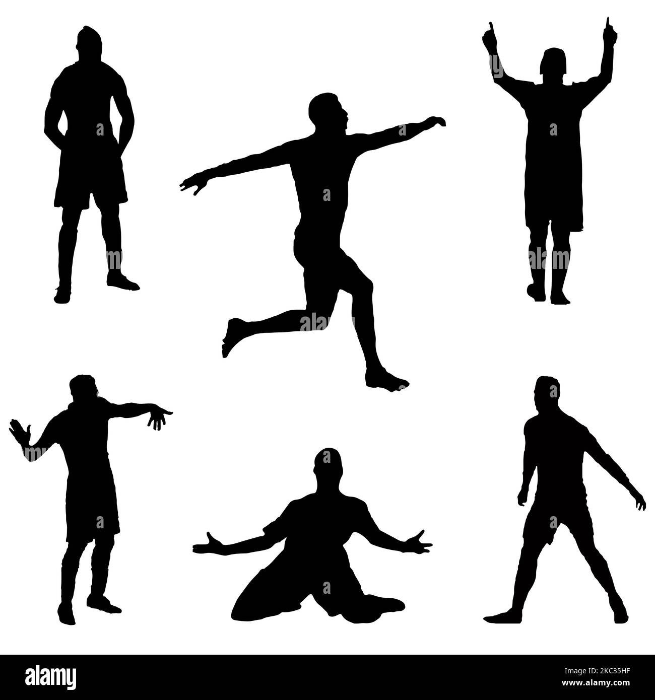 Una serie di silhouette di calciatori che celebrano l'isolamento su uno sfondo bianco Illustrazione Vettoriale