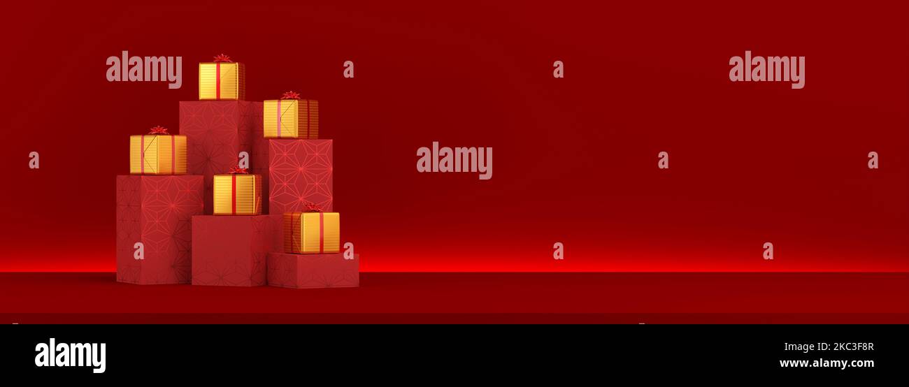 sfondo rosso di natale con regali - 3D rendering Foto Stock