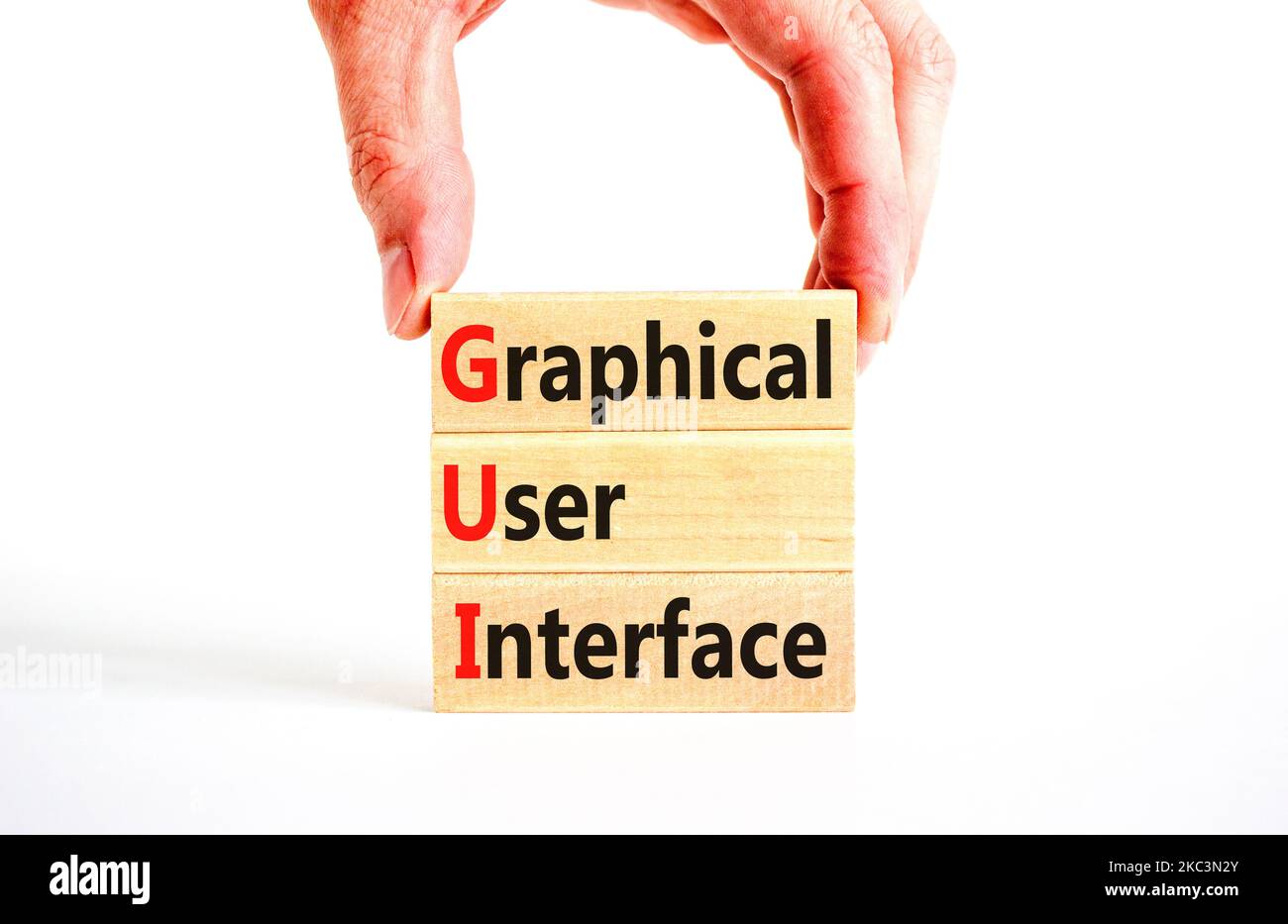 Simbolo dell'interfaccia grafica utente. Interfaccia grafica utente di Concept Words su blocchi di legno su uno sfondo bianco. Business e GUI gra Foto Stock
