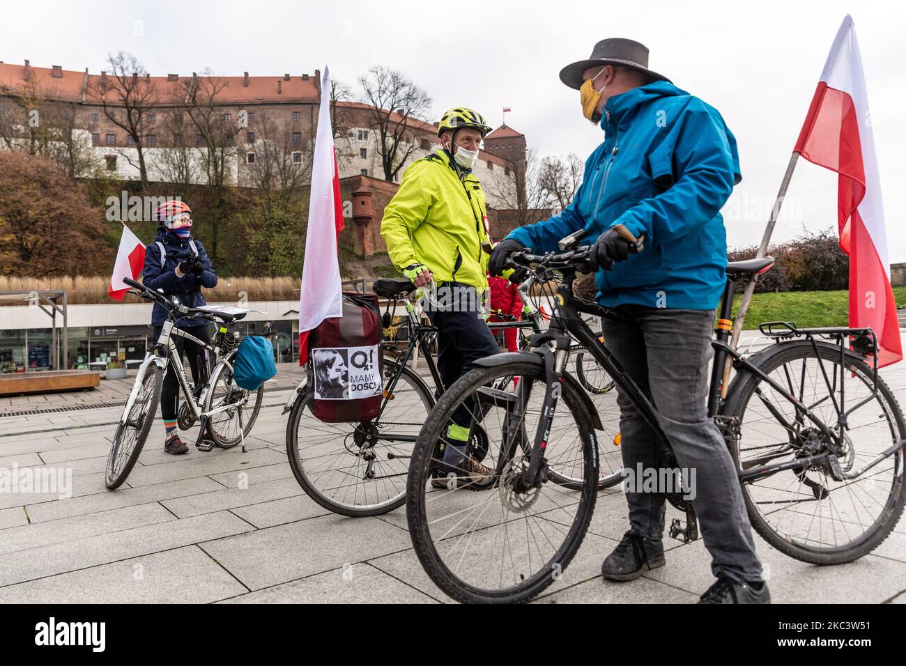 I membri del Comitato di opposizione della Difesa della democrazia (KOD) sono visti nelle maschere protettive del viso dalle loro biciclette durante un giro in bicicletta 'arcobaleno' del giorno dell'Indipendenza a Vistola Boulevards dal Castello reale di Wawel nella città vecchia di Cracovia, in Polonia il 11 novembre 2020. KOD manifesta il suo sostegno nei confronti dei gruppi LGBT e delle minoranze, nonché di recente un forte movimento di opposizione - Sciopero delle donne. (Foto di Dominika Zarzycka/NurPhoto) Foto Stock
