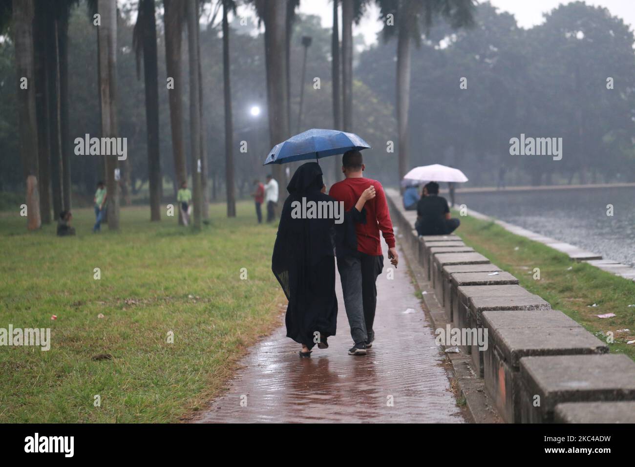 Un uomo tiene un ombrello mentre cammina sulla strada di un parco a Dhaka, Bangladesh, il 21 novembre 2020. (Foto di Rehman Asad/NurPhoto) Foto Stock