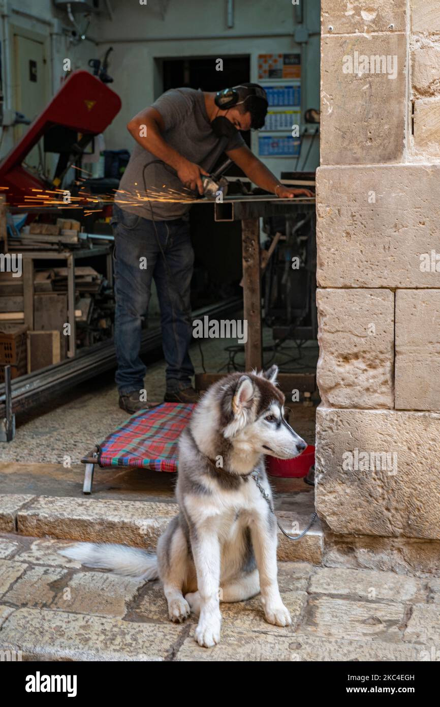 Un artigiano lavora nella sua piccola fabbrica utilizzando una smerigliatrice angolare con scintille che volano mentre il suo cane Husky mantiene la guardia. Foto Stock