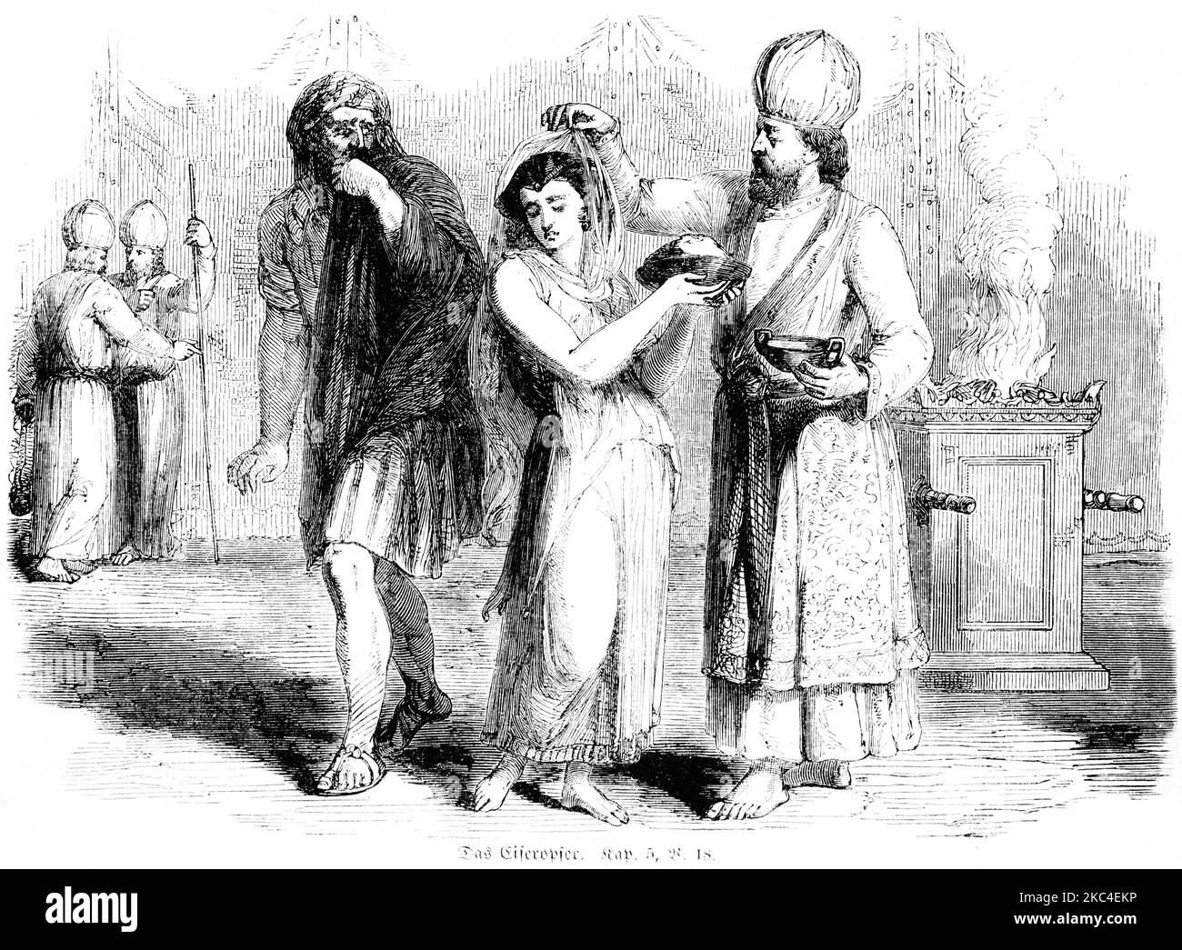 Il sacerdote svelando la donna e mettendo l'offerta di memoriale nelle sue mani, Das Eiferopfer, quarto libro Mosè, Chapterl 5 , versetto 18 Foto Stock