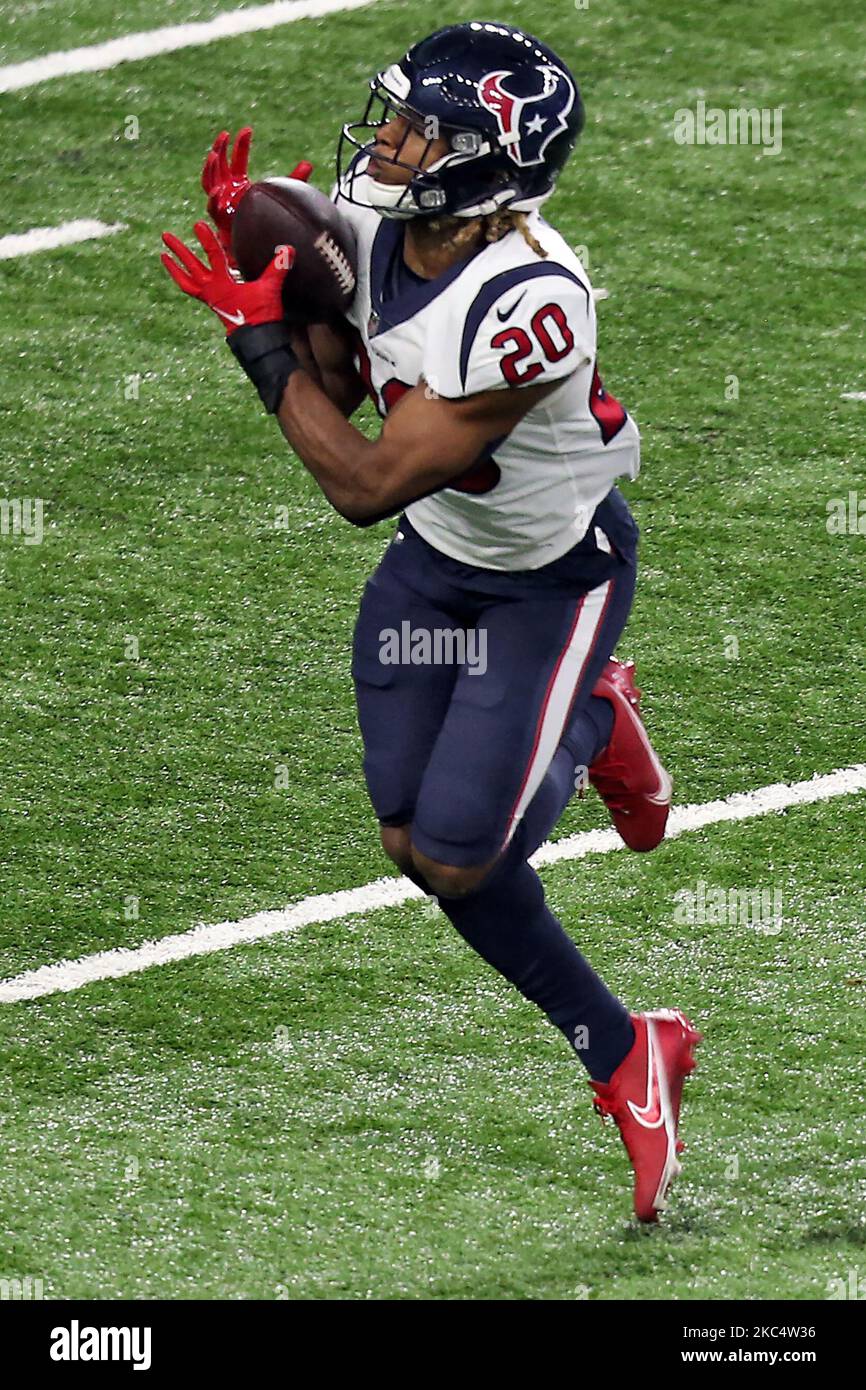 Houston Texans forte sicurezza Justin Reid (20) fa il pescato durante la seconda metà di una partita di calcio NFL tra gli Houston Texans e i Detroit Lions a Detroit, Michigan USA, Giovedi, 26 novembre 2020. (Foto di Amy Lemus/NurPhoto) Foto Stock