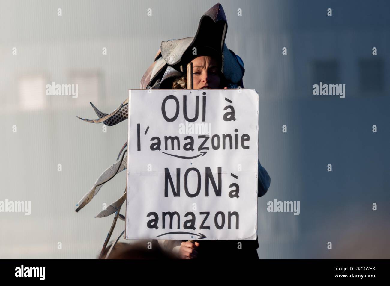 Persone del collettivo ''Stop Amazon 44'' prendono parte a una protesta contro la costituzione di un magazzino Amazon a Montbert a sud di Nantes (Loire-Atlantique), il 28 novembre 2020. I dimostranti hanno criticato la multinazionale per il suo modello economico basato sul consumo eccessivo e sul suo impatto ambientale. (Foto di Estelle Ruiz/NurPhoto) Foto Stock