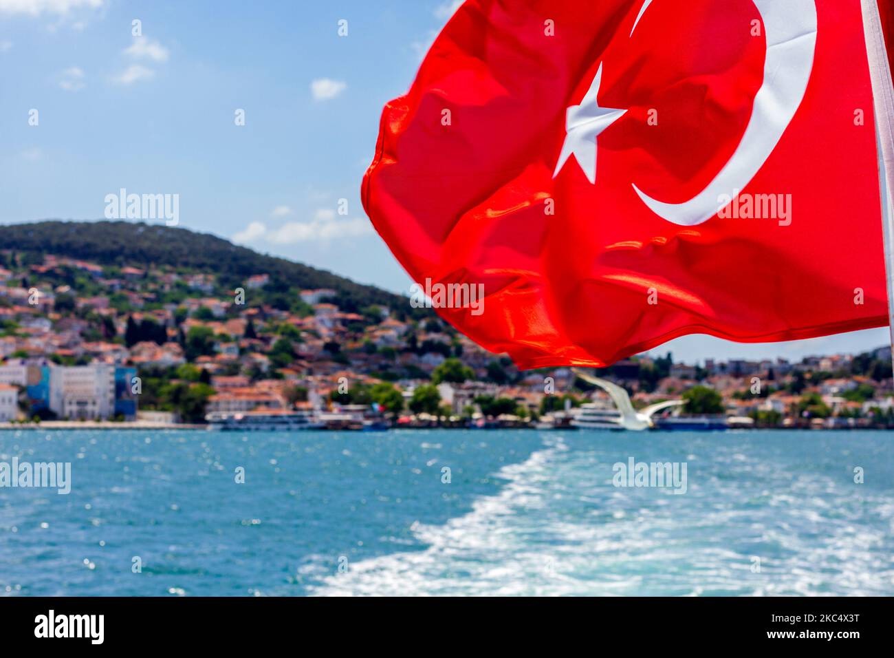 Bandiera turca che sventola su un traghetto turistico in partenza dal porto dell'isola di Heybeliada, la 2nd più grande delle isole del Principe nel mare di Marmara, Turchia. Foto Stock