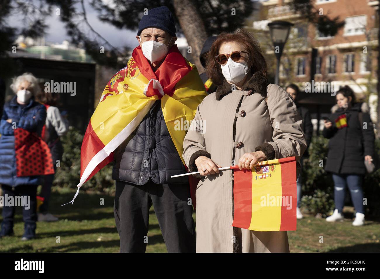 Manifestanti che mostrano bandiere di Spagna, marcia per le strade del centro di Madrid a sostegno della Costituzione del 1978 di Spagna, il giorno in cui la Costituzione spagnola è celebrata, a Madrid 6 dicembre 2020 Spagna (Foto di Oscar Gonzalez/NurPhoto) Foto Stock