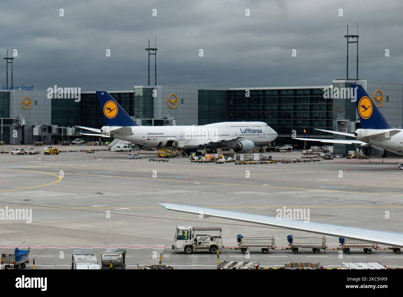 Lufthansa Boeing 747-8 a due piani, un velivolo iconico visto nell'aeroporto di Francoforte fra. Il grande aereo è conosciuto come Regina dei cieli, un moderno e avanzato Boeing B747 a quattro motori, con la registrazione D-ABYD, il nome Meclemburgo-Vorpommern e alimentato da motori jet 4x GE. Deutsche Lufthansa AG DLH o LH è la più grande compagnia aerea in Germania, con base hub a Francoforte, Monaco e Berlino, ex vettore di bandiera tedesco e membro fondatore del gruppo aereo della Star Alliance. Il traffico mondiale di passeggeri è diminuito durante l'era della pandemia del coronavirus covid-19 con l'industria in difficoltà Foto Stock