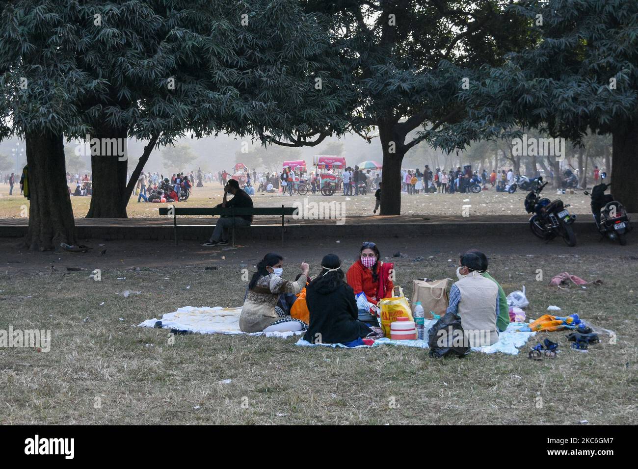 Una famiglia che indossa una maschera proiettiva partecipa a un picnic in un punto picnic a Kolkata, India, il 27 dicembre 2020. (Foto di Debarchan Chatterjee/NurPhoto) Foto Stock