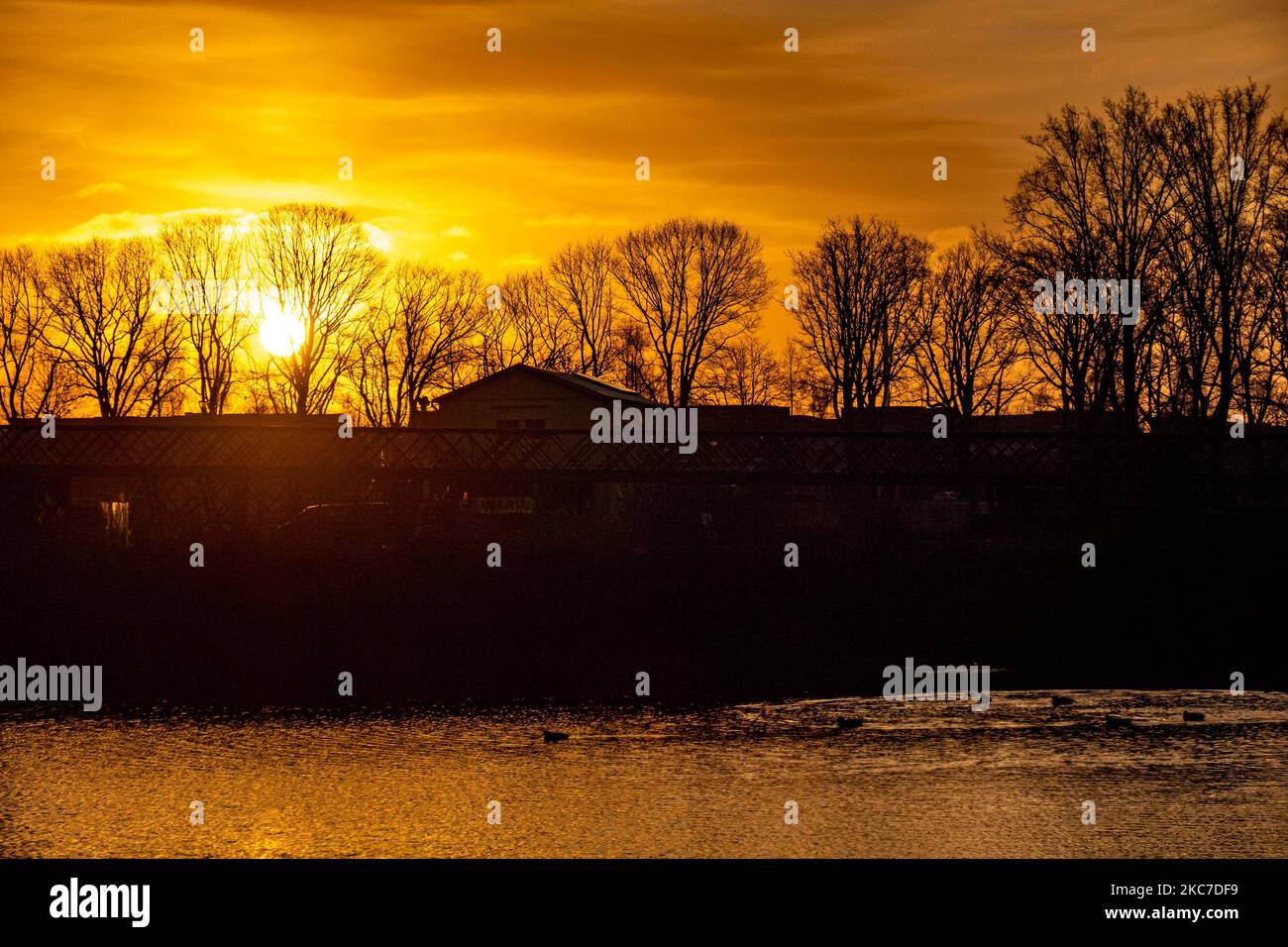 Il cielo dell'alba sul lago con riflessi sull'acqua. La vita quotidiana di prima mattina nei Paesi Bassi. L'alba invernale nella regione del Brabante settentrionale con il sole arancione brillante durante l'ora magica che forma un cielo colorato con alcune nuvole e silhouette di alberi, edifici, persone o uccelli di fronte ad esso. Le temperature subzero durante la notte formano un po' di gelo durante il gelo. Meerhoven - Eindhoven il 13 gennaio 2020 (Foto di Nicolas Economou/NurPhoto) Foto Stock